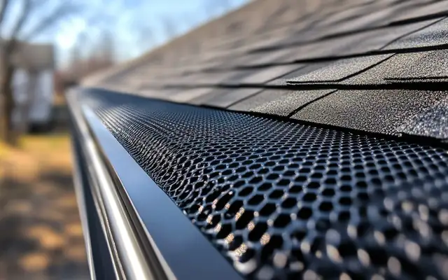 Close-up of a mesh gutter guard installed on a gutter